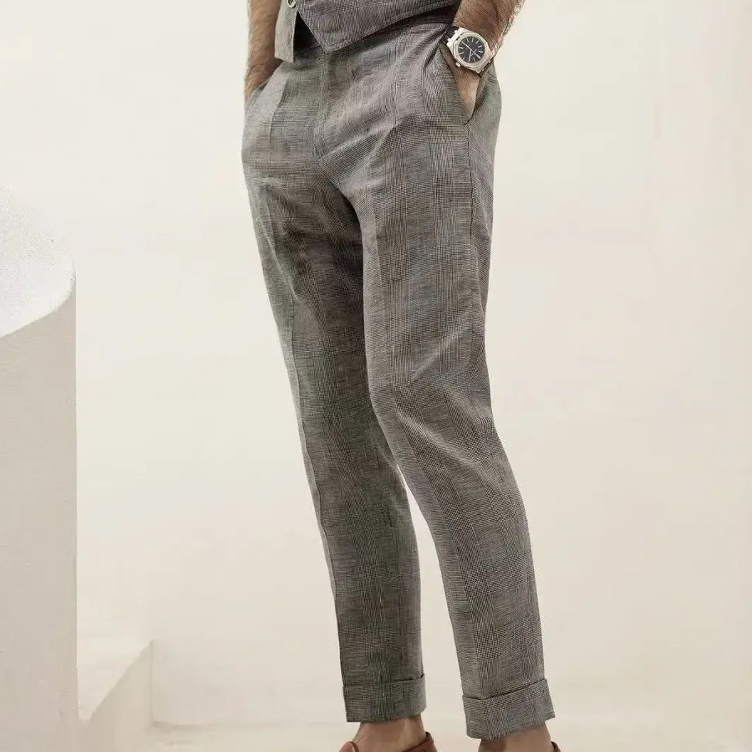 Men Pants Vintage Fashion Casual British Style High Waist Slim Fit Suit Pants