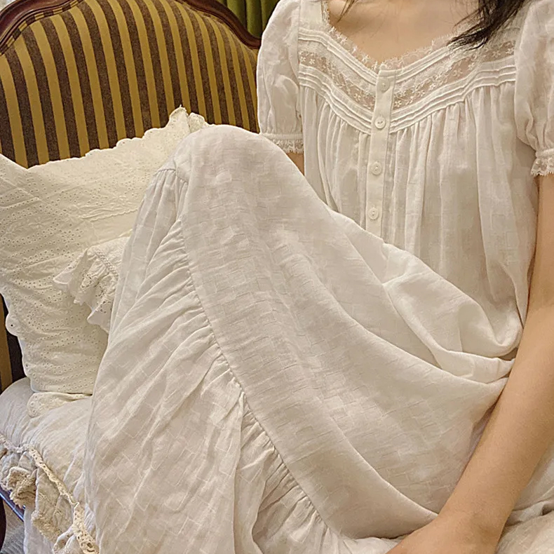 Women Summer Thin Style 100% Cotton Sleepwear Sweet Lace V-Neck Short Sleeves Nightdress Princess Victoria White Long Nightgowns