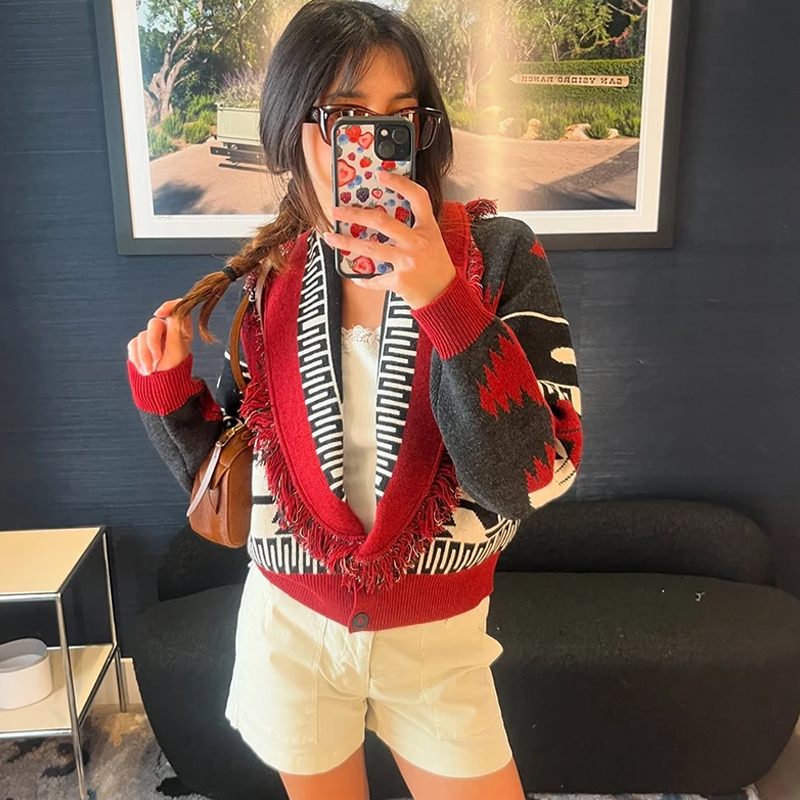 Tassel Patchwork Printed Cardigan Women Turn-down Collar Long Sleeve Knitted Fashion Lady Sweater