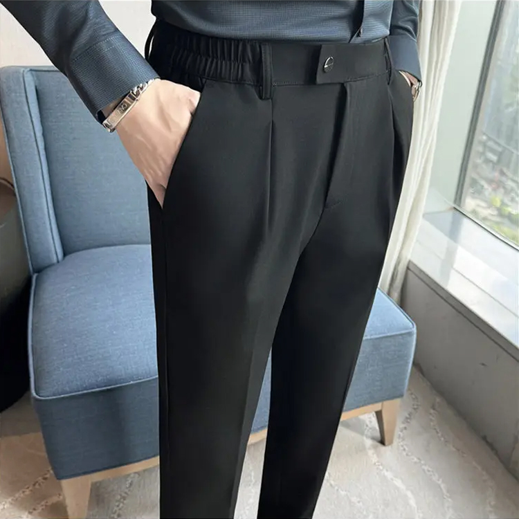 Men Suit Pant British Style Elastic Waist Solid Sl...
