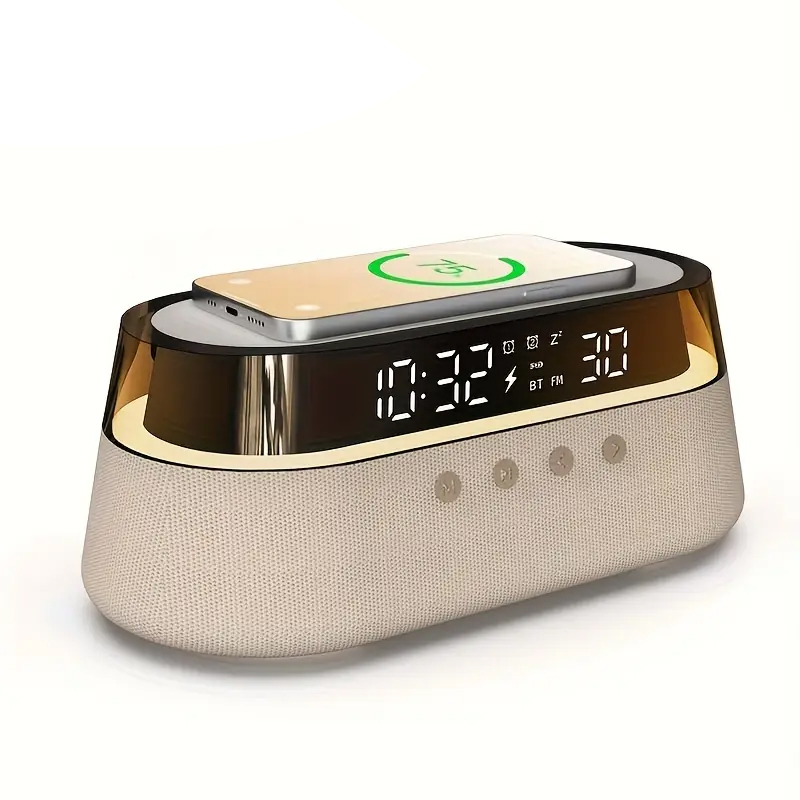 6 in 1 Bedside Wireless Charging Clock with 12/24H Multi Mode Digital Alarm FM Radio Bluetooth Speaker Smart Night Light