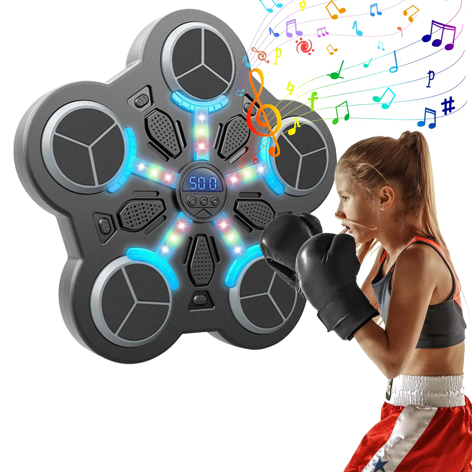 Smart Boxing Machine with Music & Bluetooth Interactive Punching Bag with Score Speed/Volume Rhythm Lights