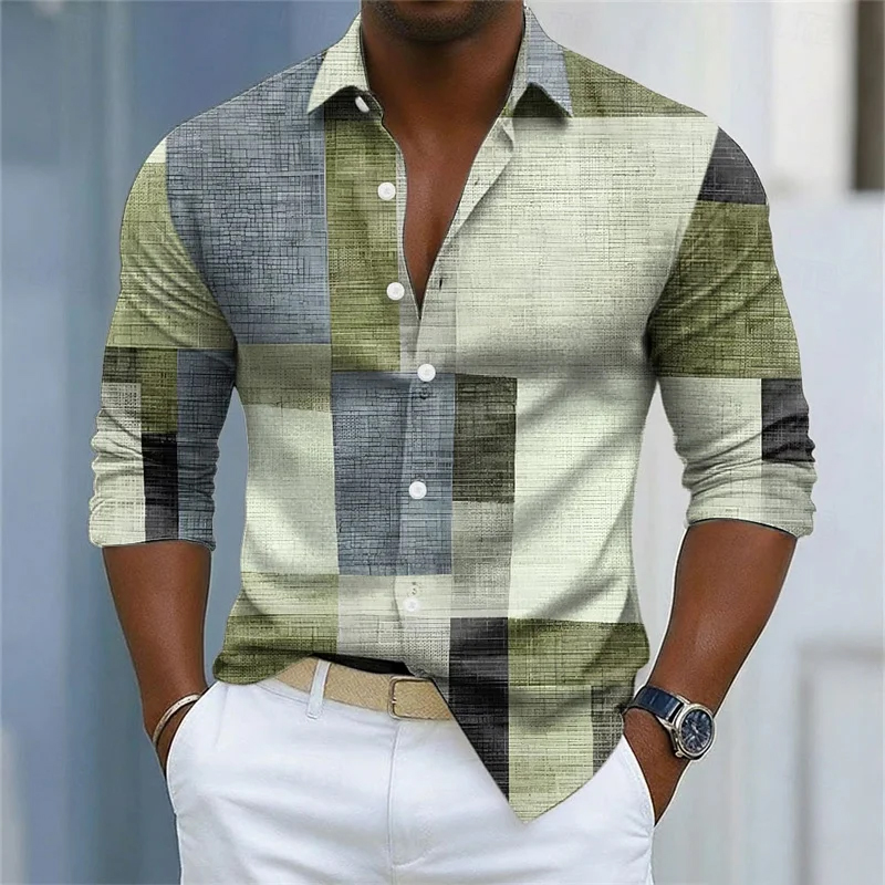 Men's Shirt with Color Block Plaid Patchwork Collar Long Sleeve