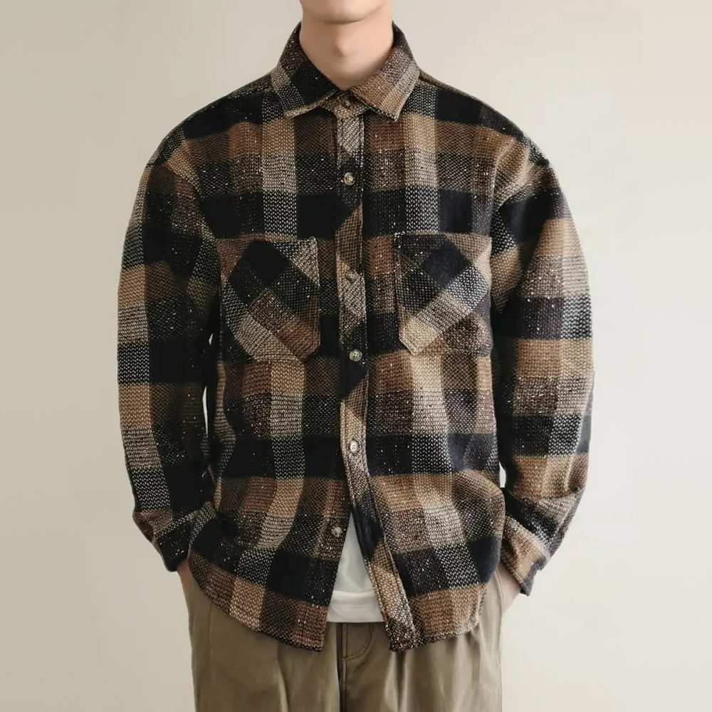 Men's Vintage Yarn Dyed Plaid Work Shirt Oversized Long Sleeve