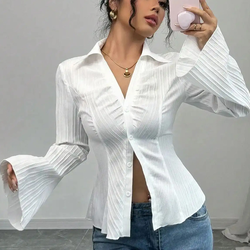 Women's Slim-Fit V-Neck Bell-Sleeve Shirt Suitable...