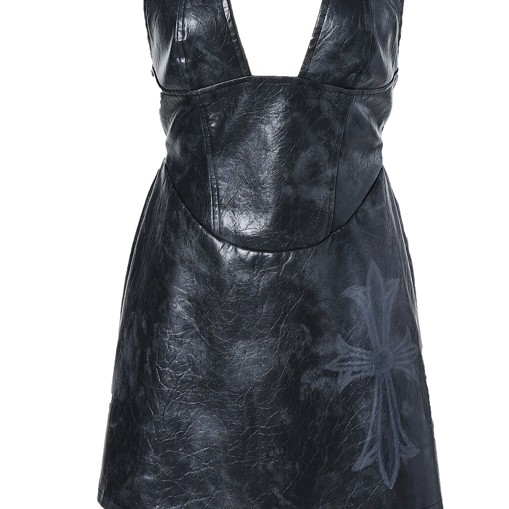 High Quality Women's Deep V-neck Sleeveless Hanging Neck Back Zipper Solid Color Leather Dress