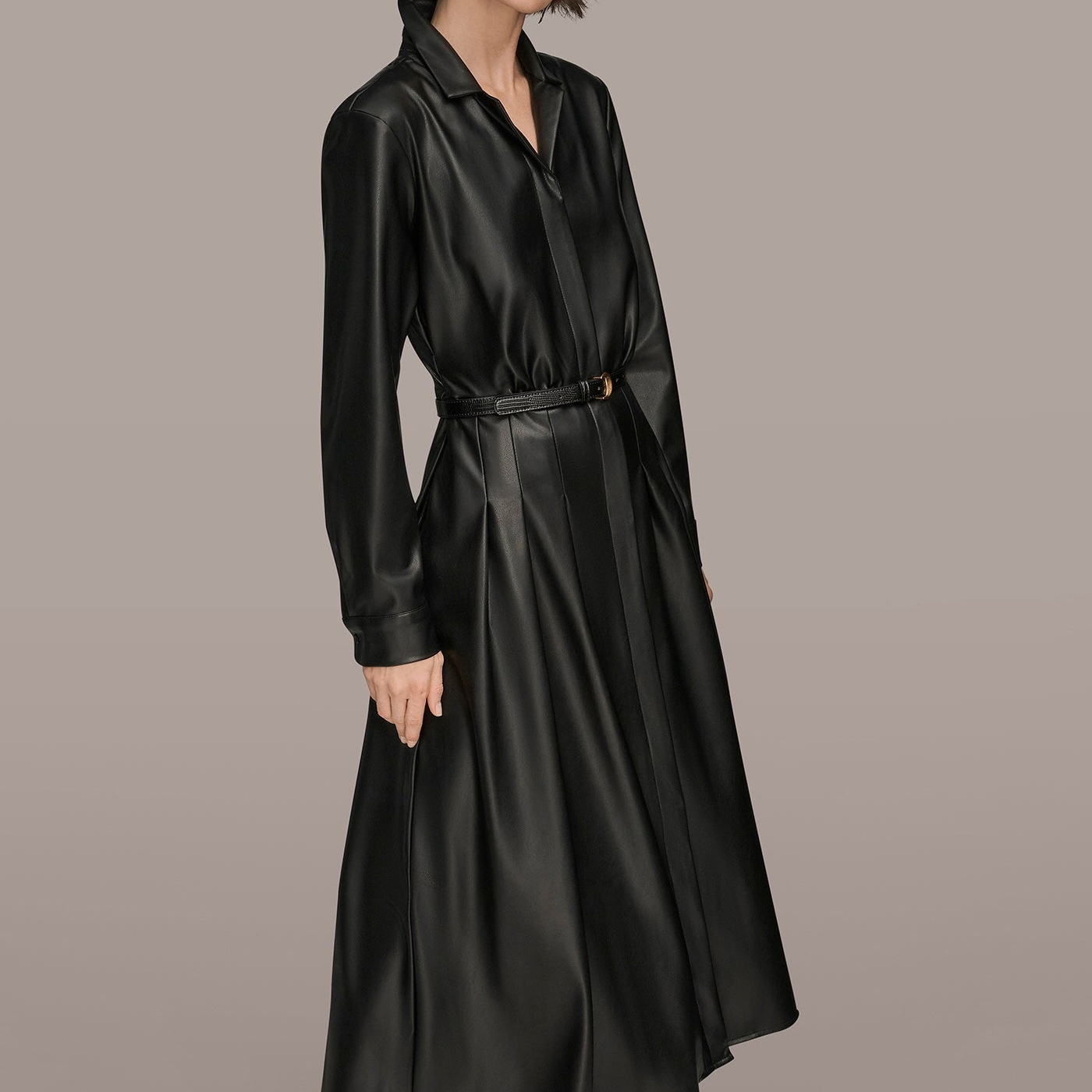 Stylish Leather Dress Turn-down Collar Casual A-line Long Sleeves Women Dress