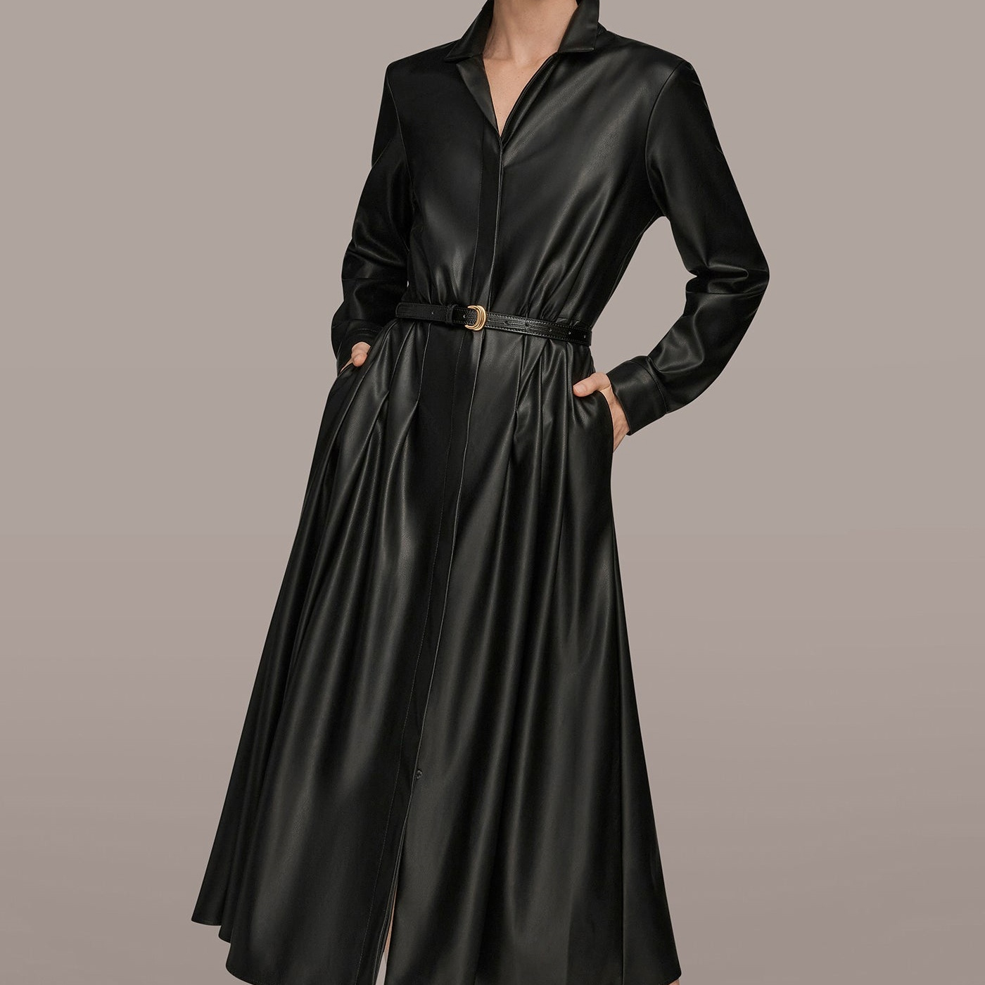 Stylish Leather Dress Turn-down Collar Casual A-li...