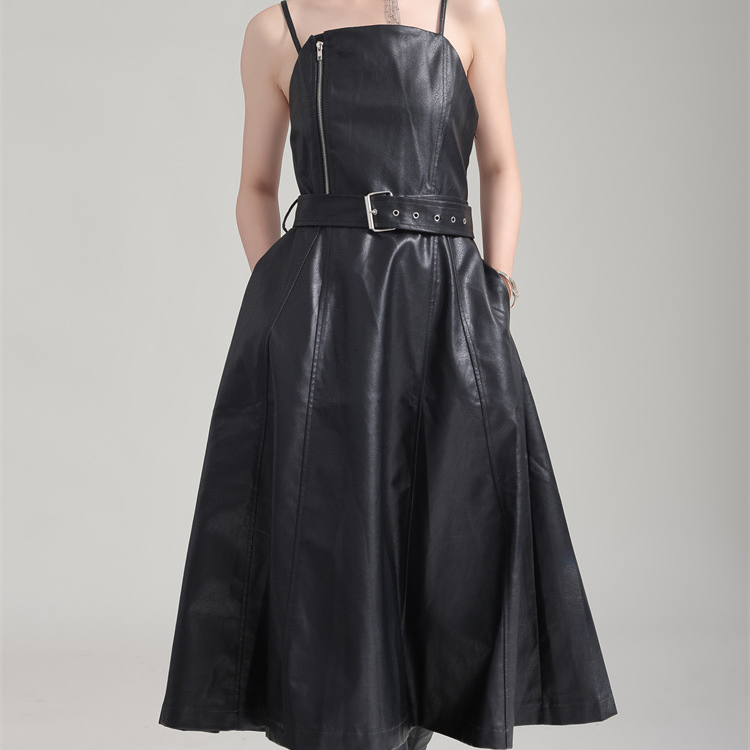 Women Fashion Leather Dress Vintage PU High Waist Dress Long Dress