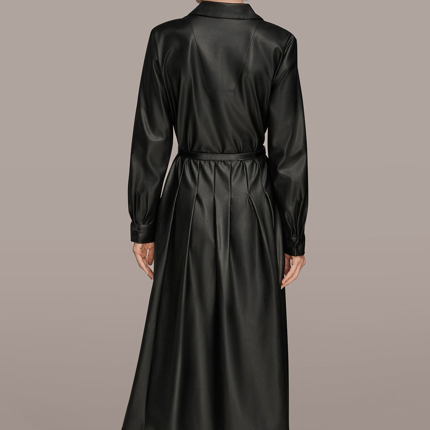 Stylish Leather Dress Turn-down Collar Casual A-line Long Sleeves Women Dress
