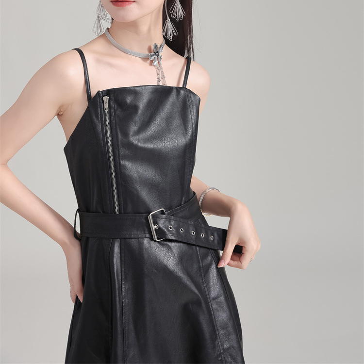 Women Fashion Leather Dress Vintage PU High Waist Dress Long Dress