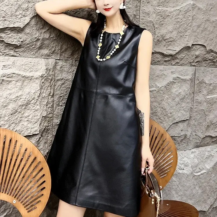 Genuine Leather Dresses Women Real Sheepskin Black Dress Sleeveless Elegant Dress