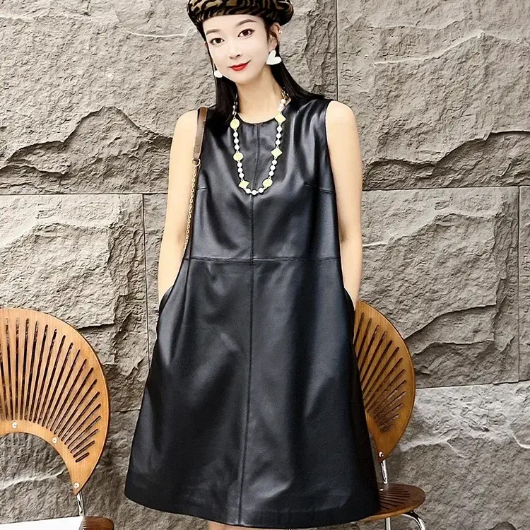Genuine Leather Dresses Women Real Sheepskin Black Dress Sleeveless Elegant Dress