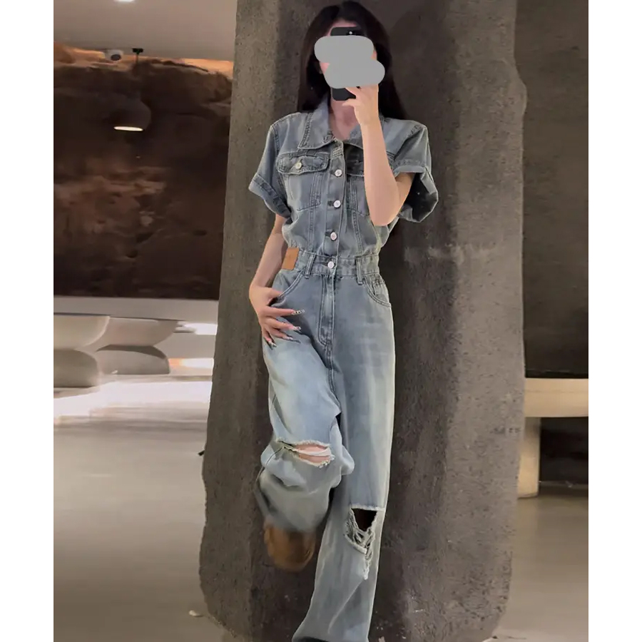 Retro American Denim High-Waisted Jumpsuit