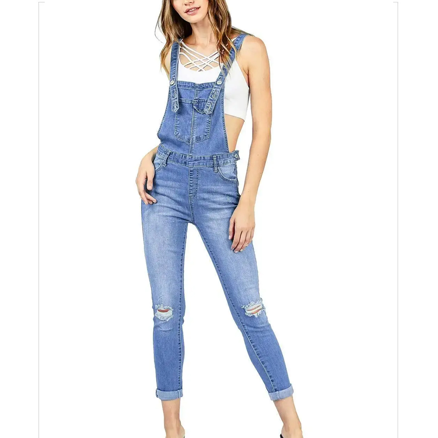 Women's Denim Overalls Casual Ripped Jeans