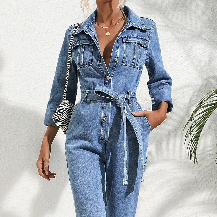 Women's Denim Jumpsuit With Collar And Long Sleeves