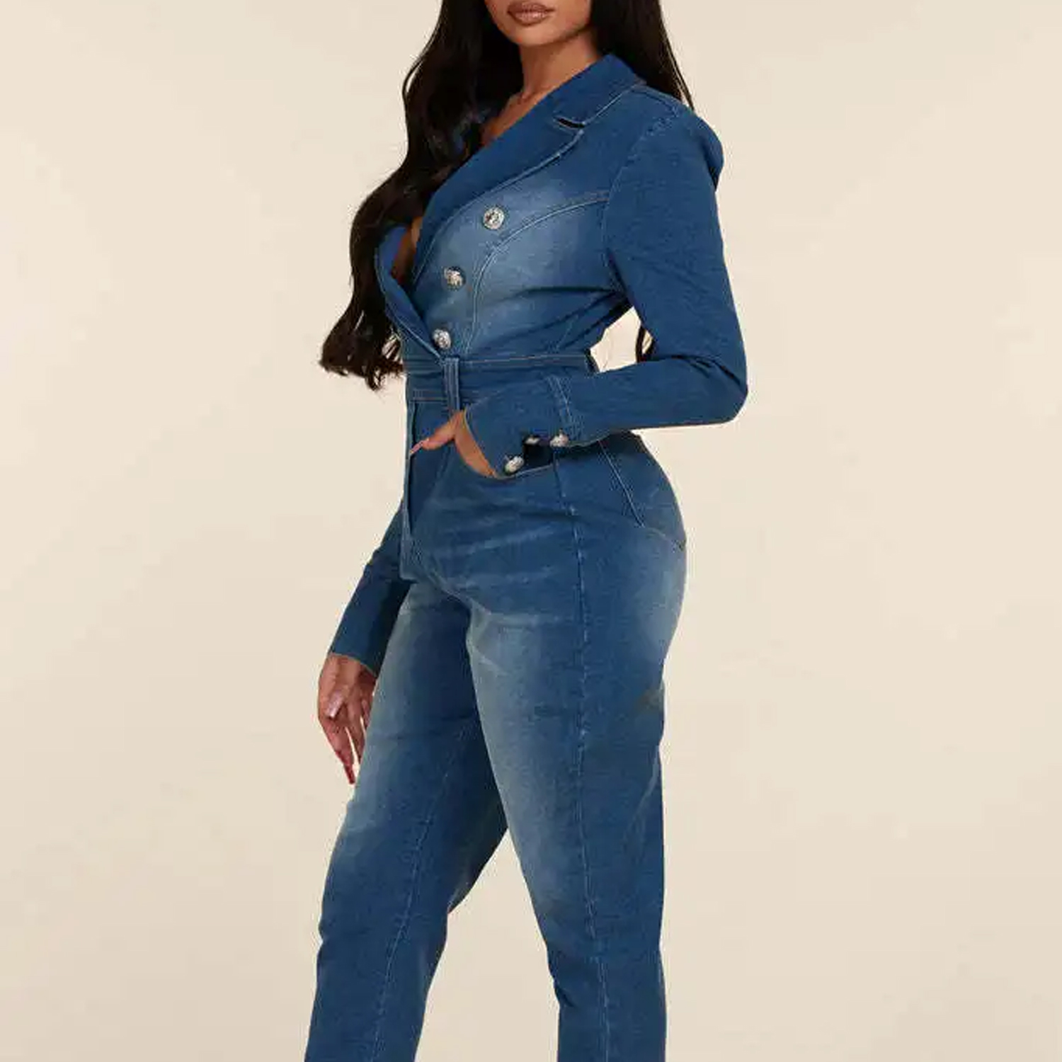 Sexy Denim Stretch Jumpsuit With Lapel Long Sleeves And Elegant Denim Pencil Pants