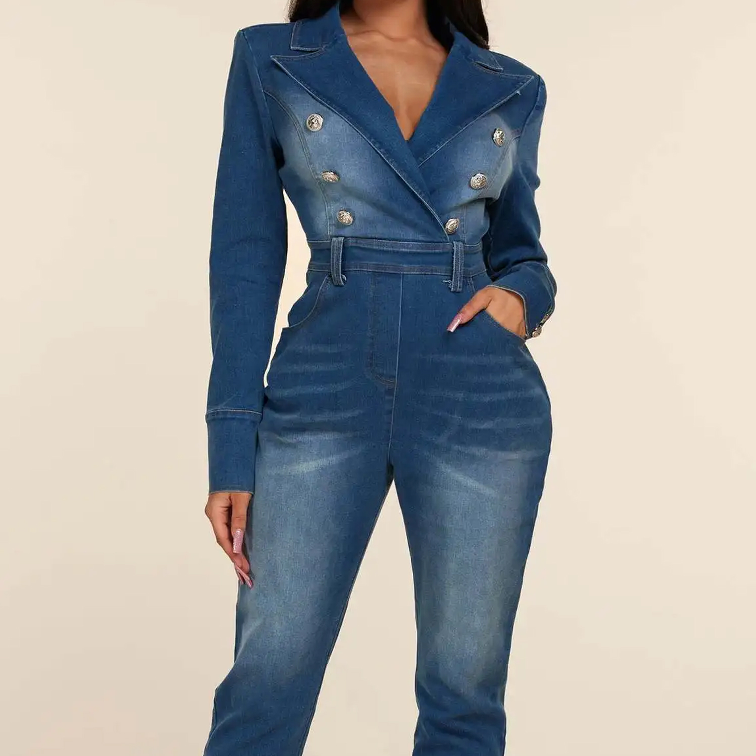 Sexy Denim Stretch Jumpsuit With Lapel Long Sleeves And Elegant Denim Pencil Pants