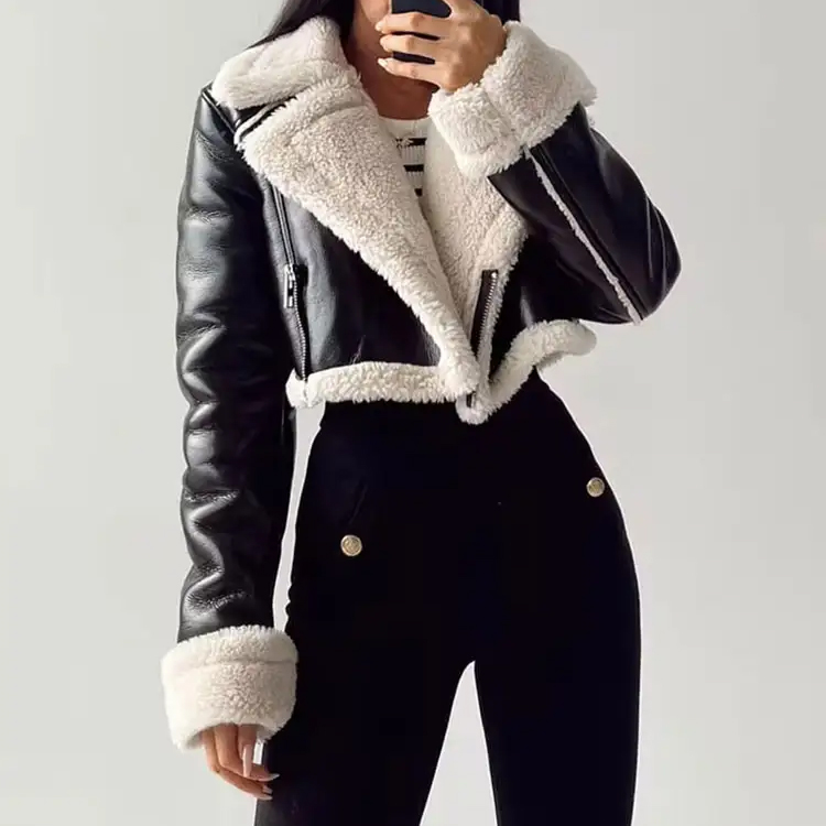 Women Faux Leather Thicken Short Jacket Vintage Front Zipper Lapel Long Sleeve Coat