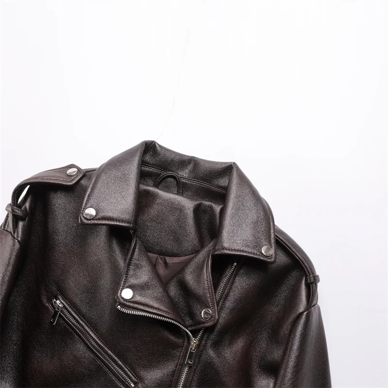 Women's Leather Jacket Short Coat with Downgraded Zipper