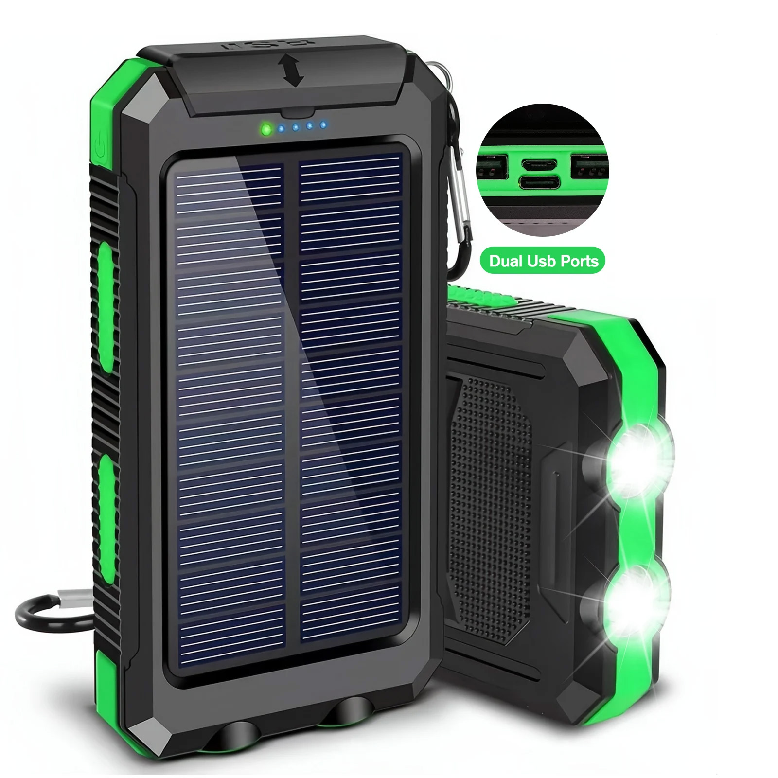 Portable Solar Power Bank External Battery Waterproof Dual USB Ports LED Flashlight