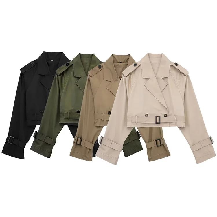 Women Belt Cropped Trench Double Breasted Long Sleeve Top Female Coat