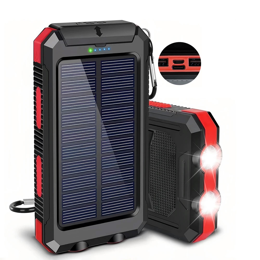 Portable Solar Power Bank External Battery Waterproof Dual USB Ports LED Flashlight
