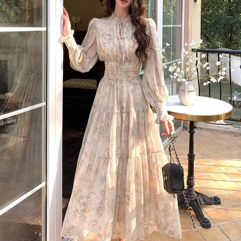 Floral Chiffon Dress Women Long Puff ...