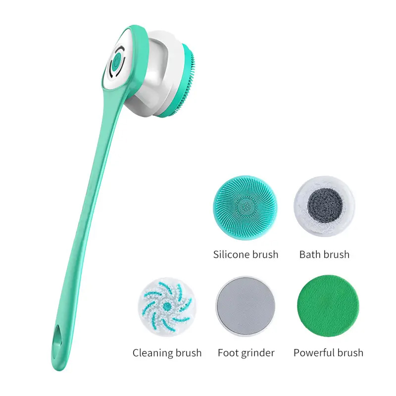 5 In 1 Electric Shower Brush IPX7 Waterproof Rechargeable Body Scrubber With Long Handle 3 Speed Massage Cleaning Brush