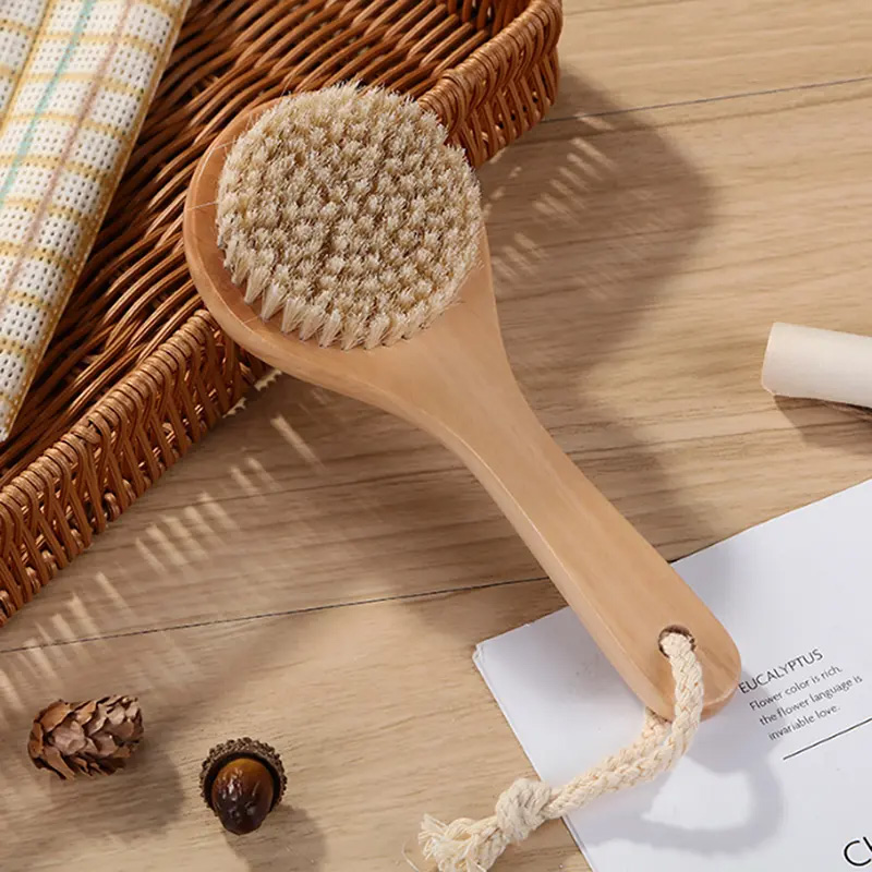 Exfoliating Wooden Shower Brush Natural Bristle Bo...