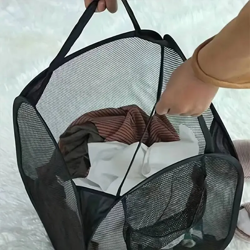 Foldable Pop-Up Laundry Basket Large Mesh Basket With Ergonomic Handle