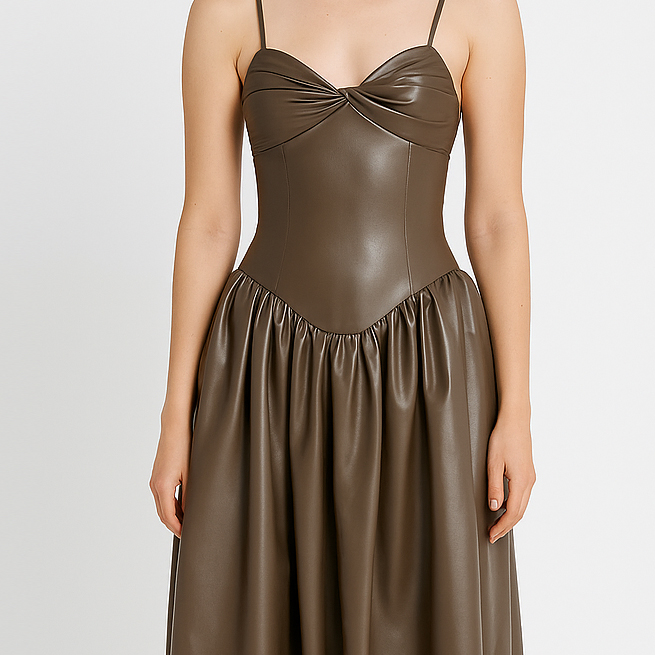 Fashion Elegant Evening Party Midi Long Ladies Women Ruched Pleated PU Leather Dress