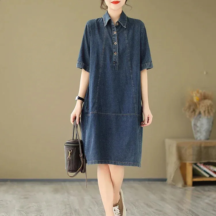 Women Dress Loose Plus Size Fashion Short Sleeve Denim Dresses