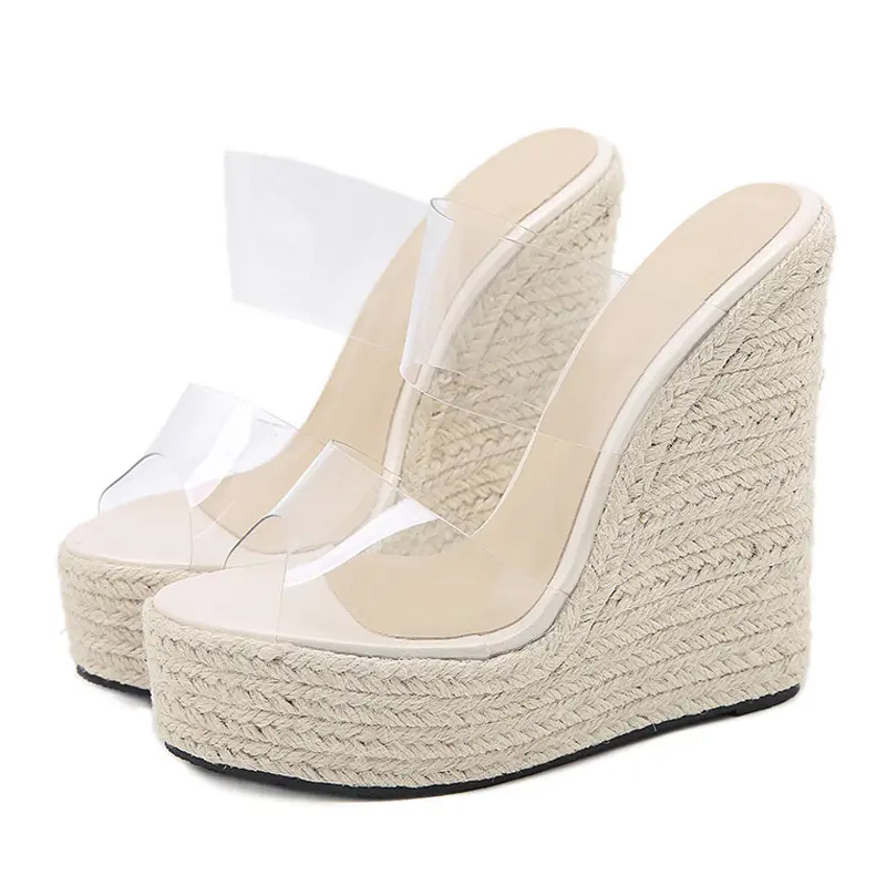 Summer PVC Transparent Peep Toe Cane Slippers Platform Wedges Women Fashion High Heels Female Shoes
